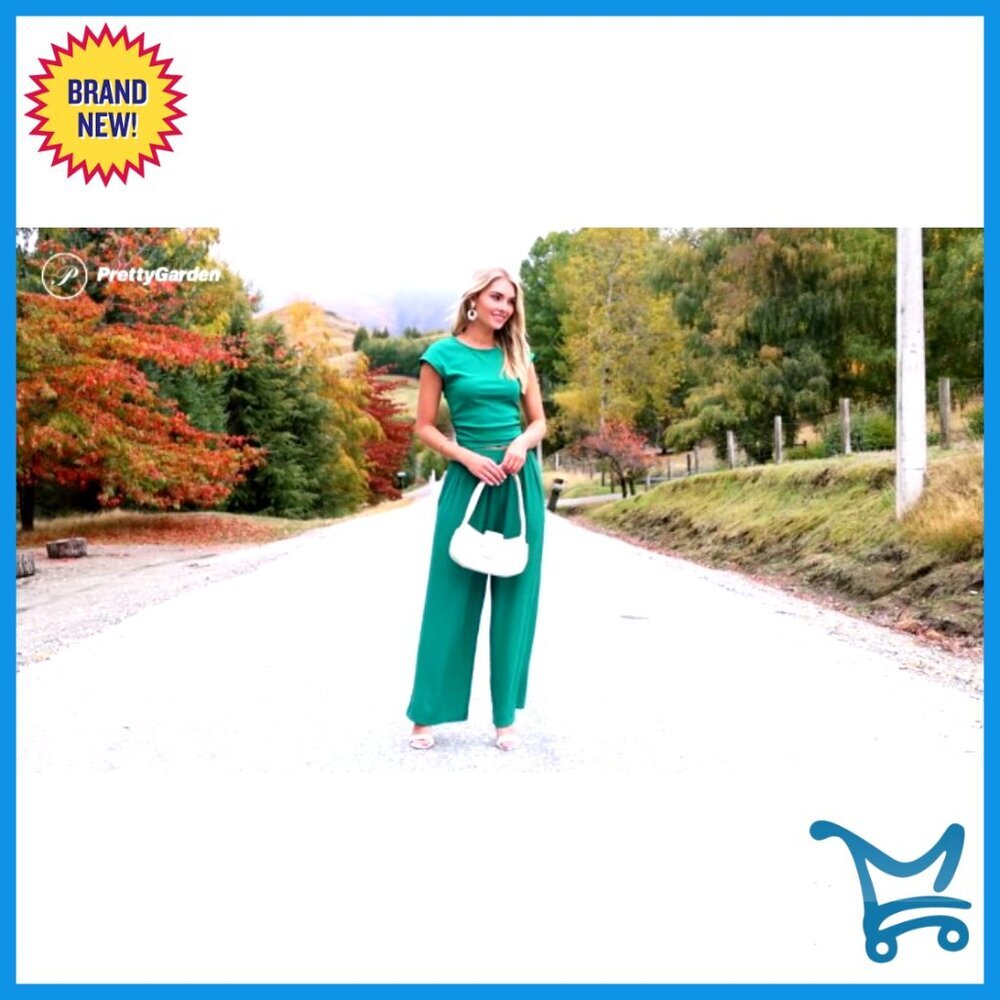 Ribbed Knit Two Piece Set Cap Sleeve Crop Top Wide Leg Palazzo Pants - Picture 7 of 7